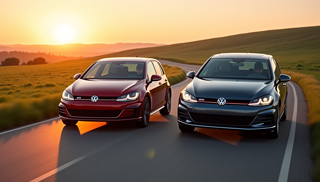 Comparaison visuelle entre une Golf GTI Mk7 et une Mk8 sur une route de campagne