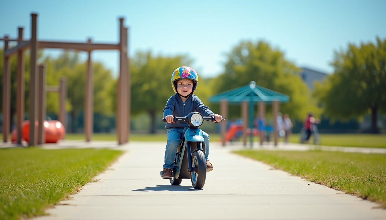 Enfant en train de conduire une moto électrique dans un espace sécurisé extérieur