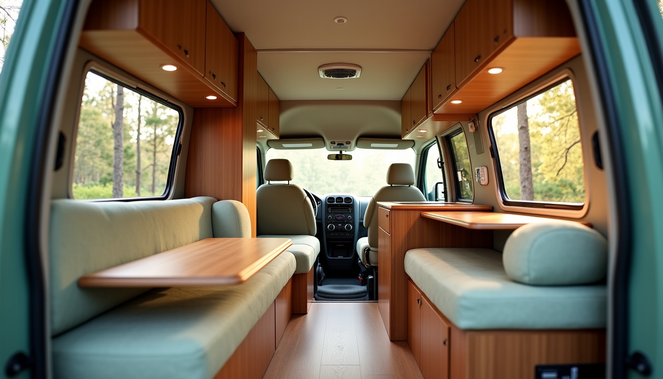 Intérieur d’un fourgon aménagé d’occasion montrant l’agencement et les rangements