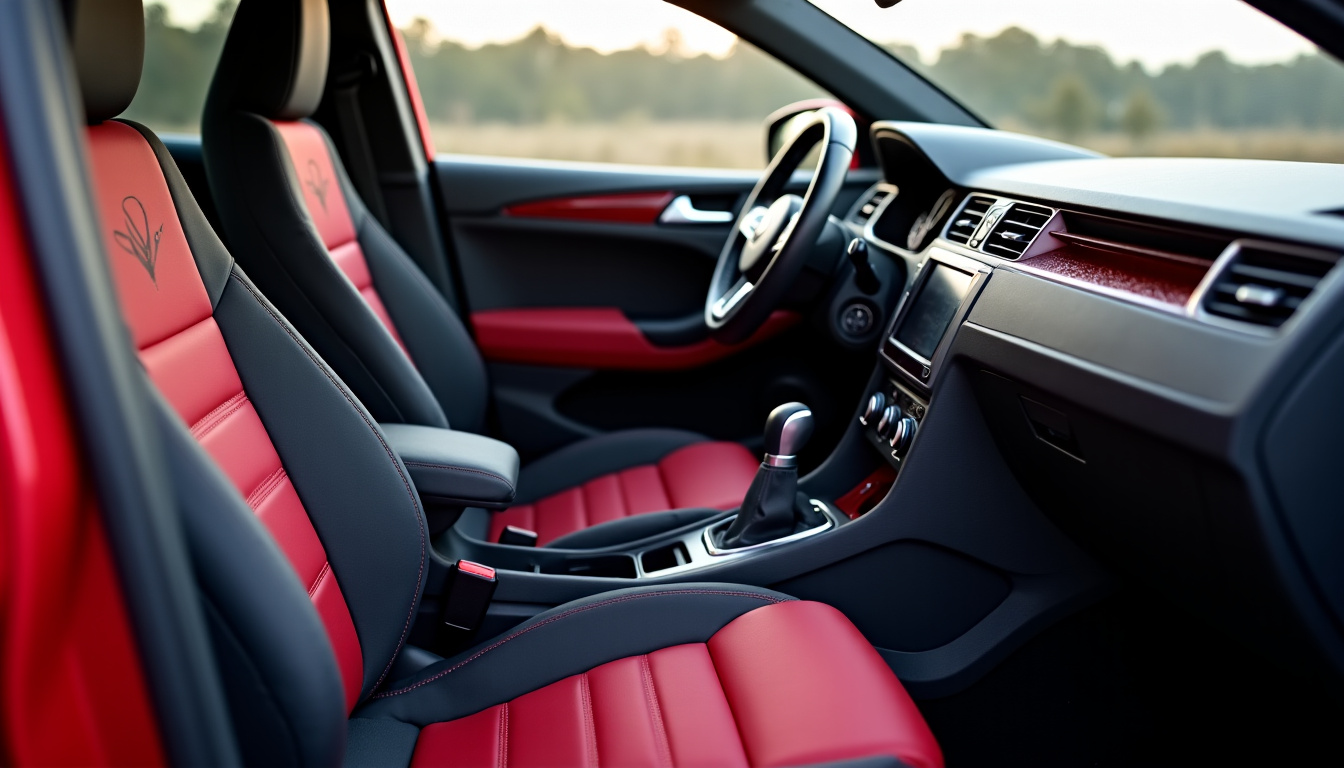 Intérieur en finition R-Line du Volkswagen T-Roc montrant les sièges sport et surpiqûres rouges
