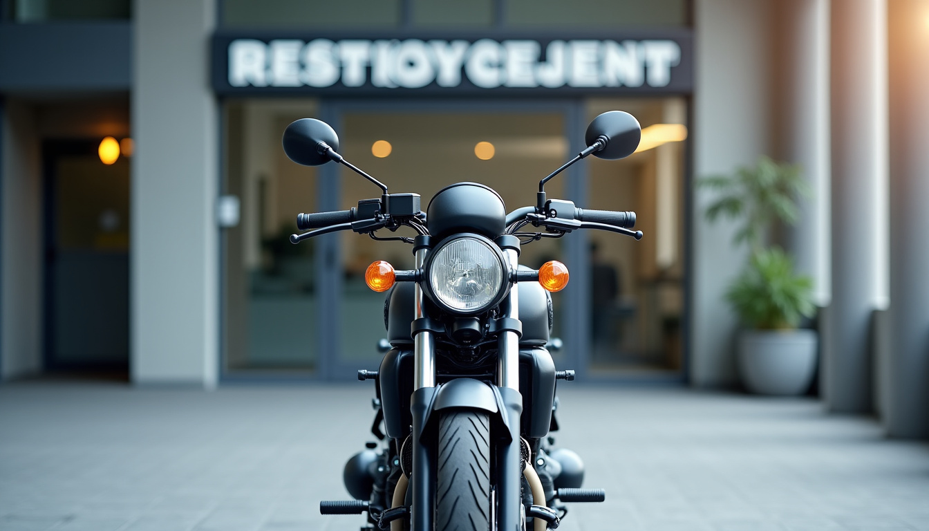 Moto préparée pour un contrôle technique dans un centre agréé, vue de face avec rétroviseurs et plaque d