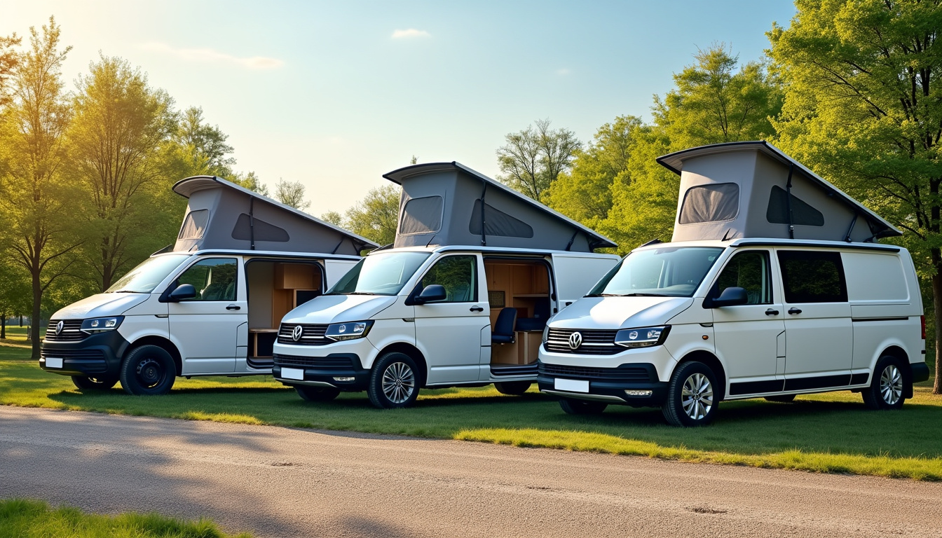 Photographie de plusieurs vans aménagés des marques Volkswagen, Mercedes et Renault alignés dans un parc automobile