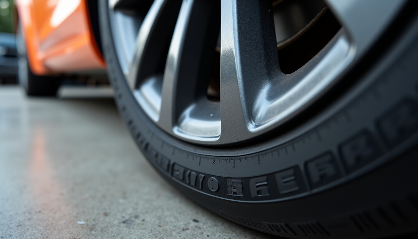 Pneu avec les annotations indiquant la largeur, la hauteur du flanc et le diamètre de la jante visibles sur le flanc du pneu