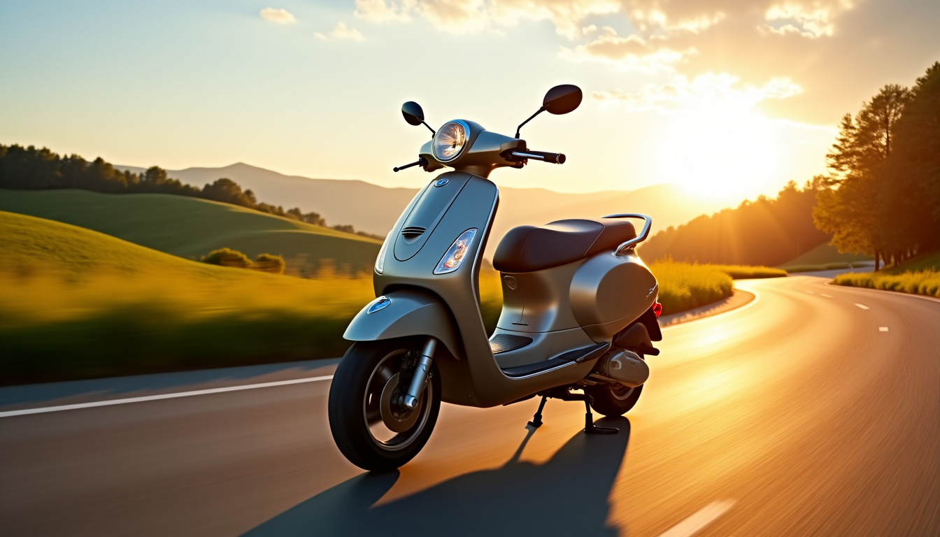 Scooter GT 125cc en train de rouler sur une route secondaire, illustrant son usage sur de plus longs trajets