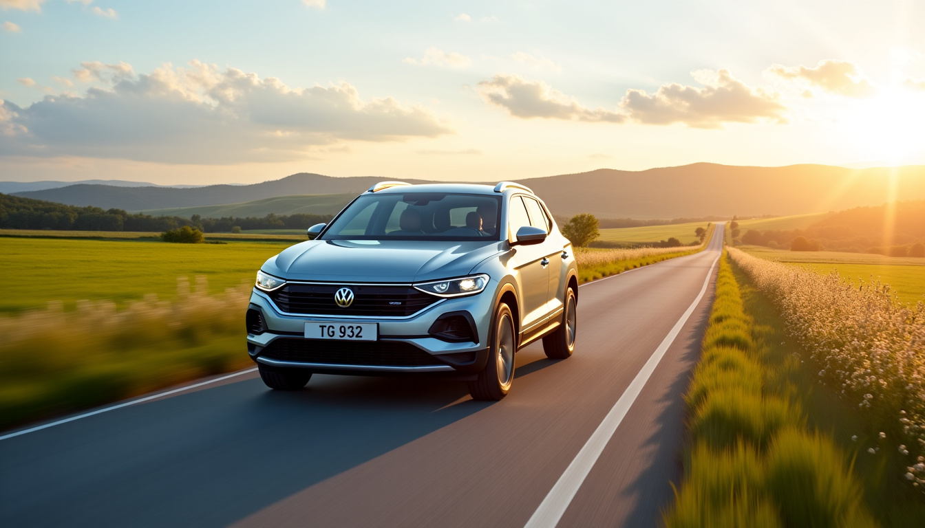 Volkswagen T-Roc en conduite sur une route de campagne vue de trois-quarts avant