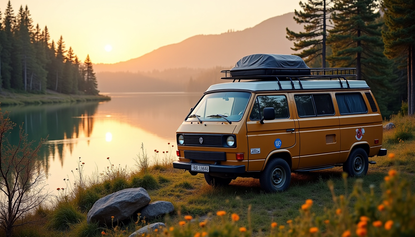 Vue extérieure d’un fourgon aménagé d’occasion stationné en pleine nature